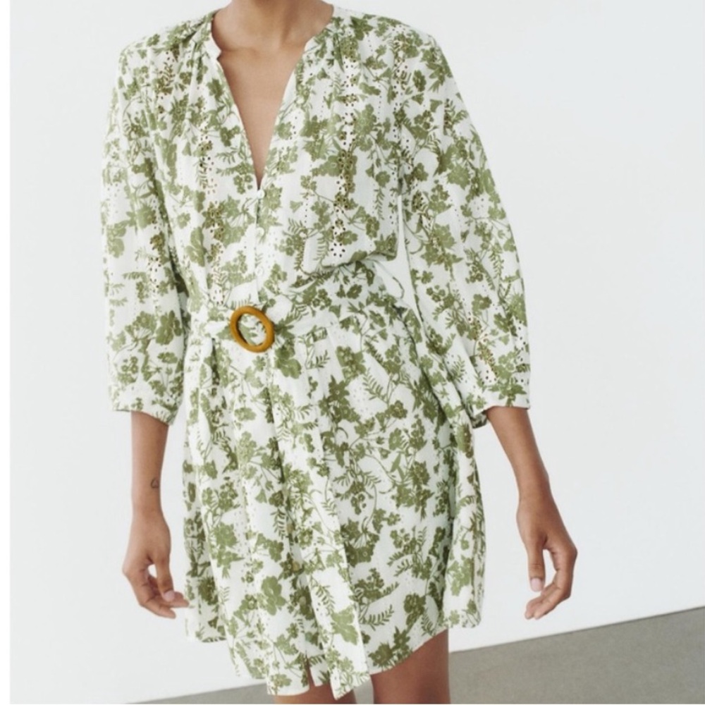 Green and White Puff Sleeve Wrap Sundress